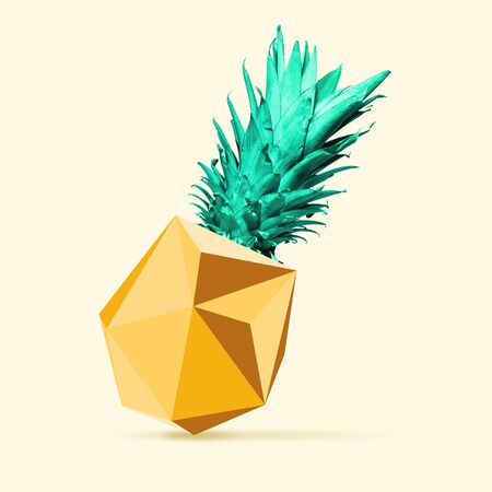 An alternative pineapple as a gold stone or geometry figure on yellow background. New look of fruits, usual things. Negative space to insert your text. Modern design. Contemporary colorful art collage.の写真素材