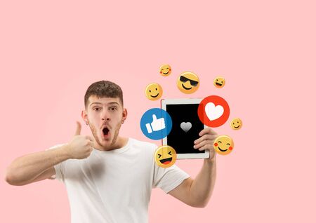 Social media interactions on mobile phone. Internet digital marketing, Chating, commenting, liking....