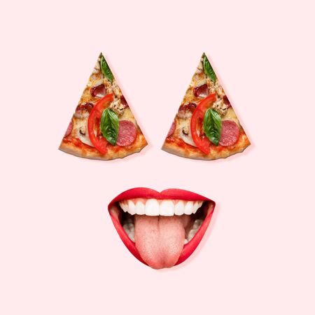 Emotions of happiness. Face with the pizza's slices as an eyes on pink background. Negative space to...