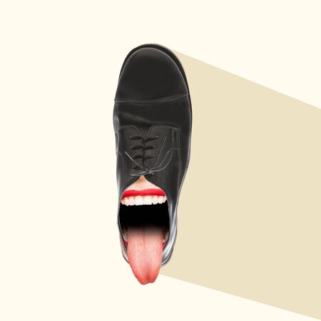 The talks in the office. Shoe with the mouth. Concept of formal business communication. Negative space to insert your text. Modern design. Contemporary art. Creative conceptual and colorful collage.の写真素材