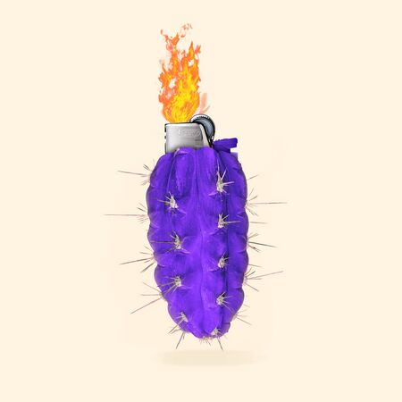 An alternative lighter. Purple cactus with fire flames on yellow background. Negative space to insert your text. Modern design. Contemporary art. Creative conceptual and colorful collage.の写真素材