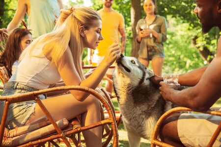 Group of happy friends having beer and barbecue party at sunny day. Resting together outdoor in a forest glade or backyard. Celebrating and relaxing, laughting. Summer lifestyle, friendship concept.の写真素材