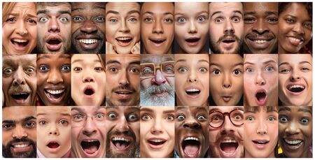Close up portrait of young people. Human emotions, facial expression. People wondered, astonished, screaming and crazy in happiness, thinking. Creative collage made of different photos of 25 models.の写真素材