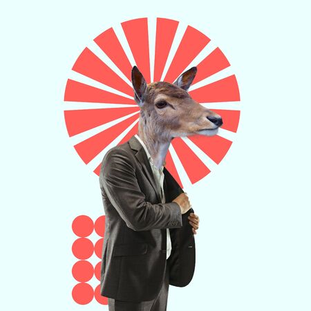 Look like a boss. Office worker. Male body in suit headed by deer. Negative space to insert your text. Modern design. Contemporary art collage. Concept of human nature, thirst for power.の写真素材