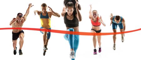 Creative collage of photos of 5 models running and jumping. Ad, sport, healthy lifestyle, motion,...