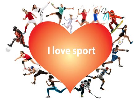 Creative collage of photos of 15 models. I love sport. Ad, healthy lifestyle, motion, activity, movement concept. American football, soccer, tennis volleyball box badminton rugby. White background.の写真素材