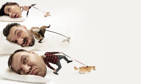 Let me sleep 5 minutes more. Big heads on small bodies lying on the pillow. People cant wake up and walk the dog or work. Headache and overslept. Business, working, hurrying up, deadlines. Collage.の写真素材
