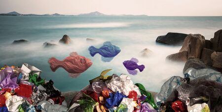 Stop plastic - concept of environmental pollution. Lake, sea or ocean polluted of polymer garbage....