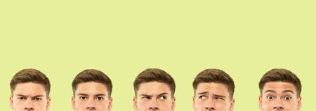 Caucasian young mans close up shot on studio background. Beautiful male model with well-kept skin....