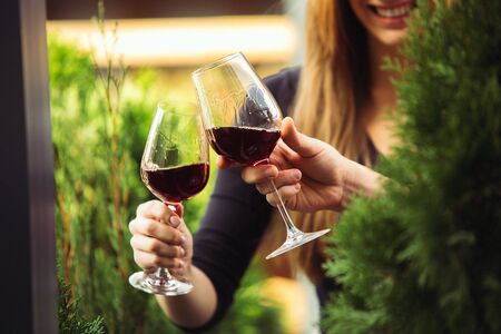 People clinking glasses with wine on the summer terrace of cafe or restaurant. Happy cheerful friends celebrate summer or autumn fest. Close up shot of human hands, lifestyle.の写真素材