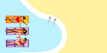 Top view of young caucasian model's resting on beach resort on blue and yellow background as an...