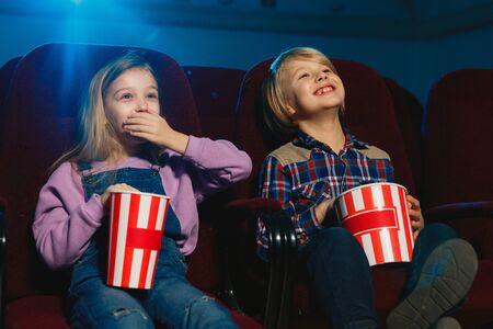 Little girl and boy, friends or sister and brother watching a film at a movie theater, house or cinema. Look expressive and emotional. Sitting alone and having fun. Friendship, family, childhood, weekend.の写真素材