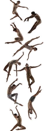 The group of modern ballet dancers. Contemporary art ballet. Young flexible people in tights. Copyspace. Concept of dance grace, inspiration, creativity. Made of shots of 9 models.の写真素材