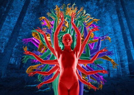 The group of modern ballet dancers like a bright tree. Contemporary art ballet. Young flexible people in tights. Copyspace. Concept of dance grace, inspiration, creativity. Made of shots of 5 models.の写真素材