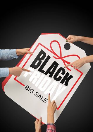 Hands holding gift box with lettering on black background. Concept of sales, black friday, cyber monday, finance, business, money. Online shops and payments bill. Copyspace for ad.の写真素材