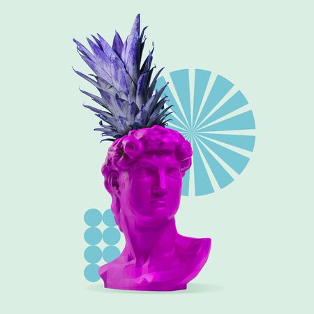 New look. Statue as an pineapple on blue background with geometric elements. Negative space to insert your text. Modern design. Contemporary colorful and conceptual bright art collage.の写真素材