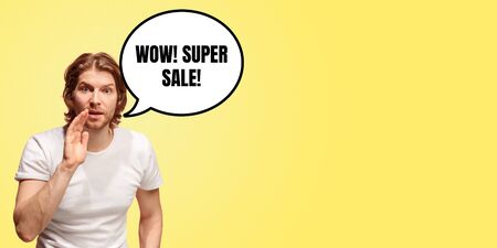 Portrait of man with speech bubble on yellow studio background. Copyspace for your advertising....