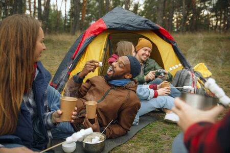 Group of friends on a camping or hiking trip in autumn day. Men and women with touristic backpacks having break in the forest, talking, laughting. Leisure activity, friendship, weekend. Eat and drink.の写真素材