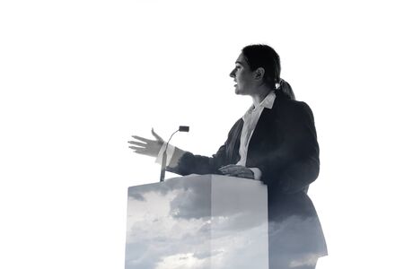 Dialog. Speaker, coach or chairwoman during politician speech isolated on white background. Double exposure - truth and lies. Business training, speaking, promises, economical and financial relations.の写真素材