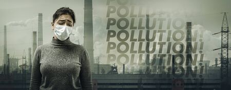 Guilty. Caucasian woman wearing the respiratory protection mask against air pollution, dust...