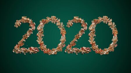 2020 New Year wishes made of golden leaves on green background. New Year's and Merry Christmas concept, celebration and holidays, winter mood, holidays. Flyer, postcard for advertising.の写真素材