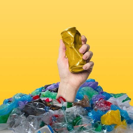 Concept of ecology disaster, environmental pollution, garbage. Stop plastic. Negative space to insert your text or ad. Modern design. Contemporary colorful and bright art collage. Unusual look.の写真素材