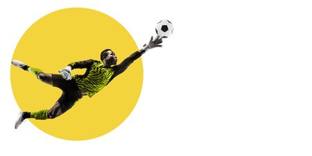 Professional football, soccer player. Sportsman training on white background, flyer for your ad. Concept of competition, sport, healthy lifestyle, action, motion and movement. Geometric design.の写真素材