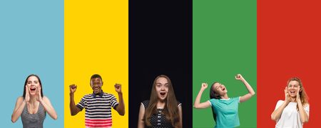 Portrait of group of young people isolated on multicolored studio background, flyer, collage....