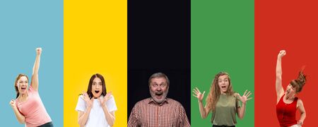 Portrait of group of young people isolated on multicolored studio background, flyer, collage....
