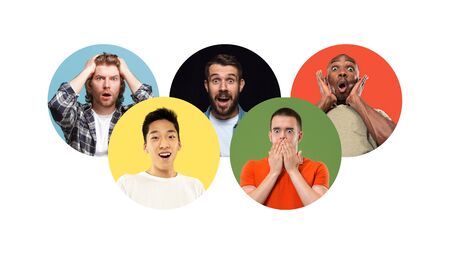 Portrait of group of young people isolated on multicolored studio background, flyer, collage....