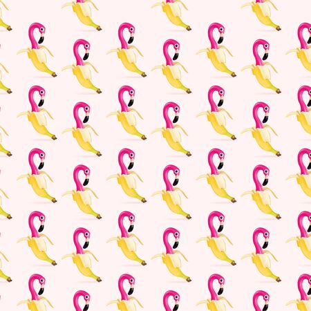 Modern colorful pattern of banana with pink flamingoの写真素材