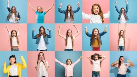 Portrait of happy caucasian teen girl on multicolored background. Flyer, collage made of 9 models. Concept of human emotions, facial expression, sales, advertising. Celebrating, choosing, smiling.の写真素材