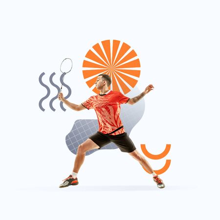 Creative sport and geometric style. Tennis player in action, motion on light background. Negative space to insert your text or ad. Modern design. Contemporary colorful and bright art collage.の写真素材