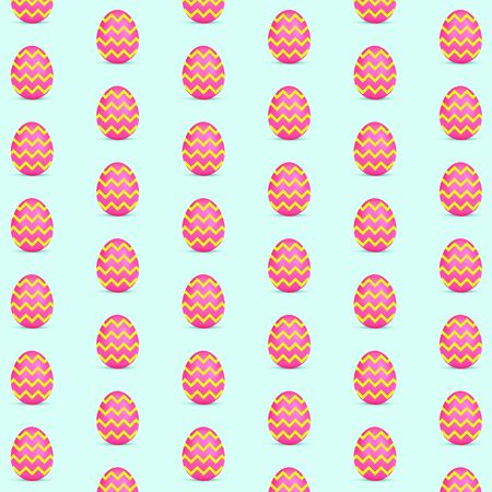 Card for Happy Easter celebrating or greeting. Pink yellow-striped colored eggs on blue background. Modern artwork, bright wallpaper, background, pattern for device, design or advertisement. concept.の写真素材