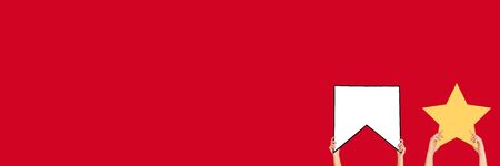 Hands holding the signs of social media on red studio background, flyer. Copyspace for your text or...