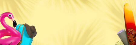 Ready to catch wave. Swim flamingo, mat and board. Modern design of flyers. Yellow background with copyspace. Concept of summertime, party, chill, vacation, resting. Flyer for proposal, ad, sales.の写真素材