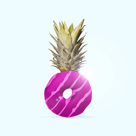 Sweetest fruit. Donut as pineapple on blue background. Copyspace to insert your text. Modern design. Contemporary artwork, collage. Concept of summertime, vacation, resort, mood, beach season, food.の写真素材