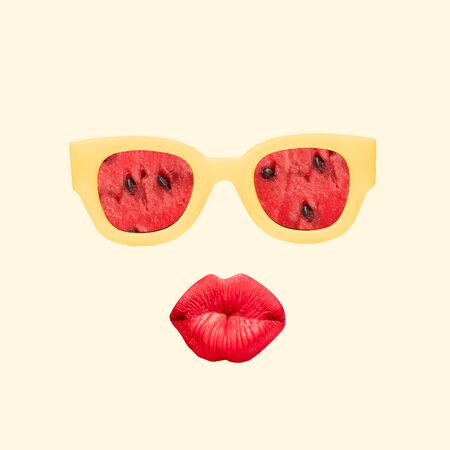 Eyeglasses with watermelon and female lips on yellow background. Copyspace to insert your text. Modern design. Contemporary artwork, collage. Concept of summertime, vacation, resort, mood, beach season.の写真素材
