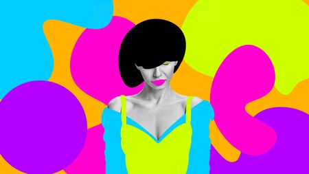 Portrait of a beautiful young woman with bright colorful painted design. Retro and magazine style,...