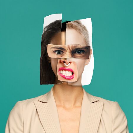 Young womans portrait made of different pieces of faces, modern art collage. New vision of beauty and fashion, make up, hairstyle. Modern style, contemporary view of emotions, feelings.の写真素材