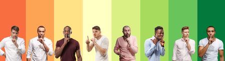 Portrait of group of emotional people on multicolored background. Flyer, collage made of 6 models....