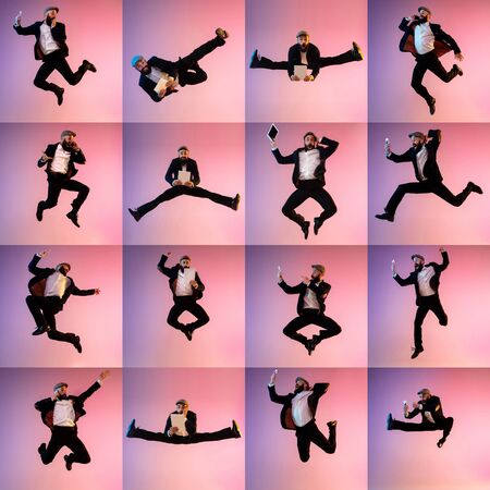 Collage of portraits of young emotional man jumping high, flying on purple background in neon. Concept of human emotions, facial expression, sales, ad. Using gadgets, tablet, smartphone. Technologies.の写真素材