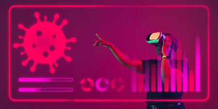 Woman using interface modern technology and digital layer effect as information of coronavirus...