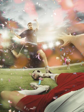 Last goal to reach cup. Professional sportsman caught in moment of winning and confetti flying. Motion and action, reaching target, sport and healthy lifestyle concept. Competition, championship.の写真素材