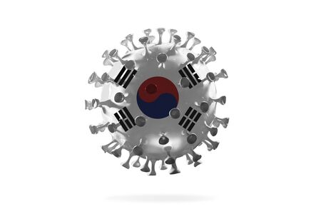 Model of COVID-19 coronavirus colored in national South Korea flag, concept of pandemic spreading, medicine and healthcare. Worldwide epidemic with growth, quarantine and isolation, protection.の写真素材