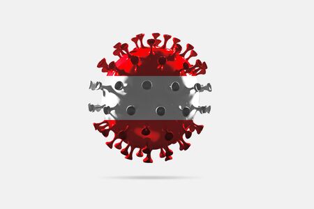 Model of COVID-19 coronavirus colored in national Austira flag, concept of pandemic spreading, medicine and healthcare. Worldwide epidemic with growth, quarantine and isolation, protection.の写真素材