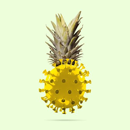 Pineapple made of model of COVID-19 coronavirus, concept of pandemic spreading, medicine and healthcare. Worldwide epidemic with growth, quarantine and isolation, protection, crisis situation.の写真素材