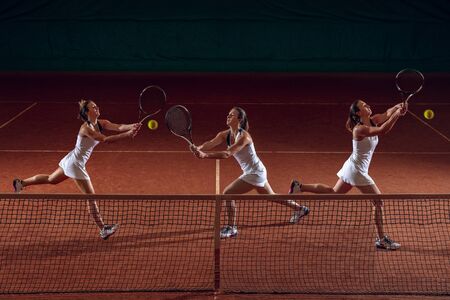 Young caucasian professional sportswoman playing tennis on sport court background. Training, practicing in motion, action. Power and energy. Movement, ad, sport, healthy lifestyle concept. Collage.の写真素材
