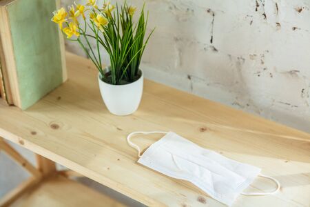Protecive face mask and plant on the table.の写真素材