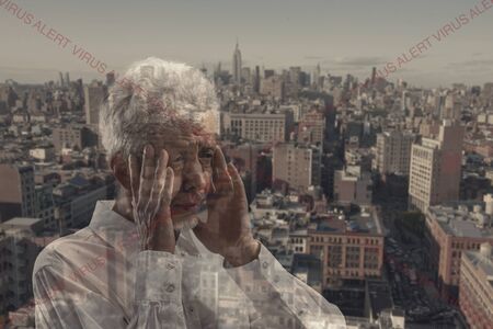 Stressed man holding head with hands on abstract city, megapolis background. Double exposure. Virus...